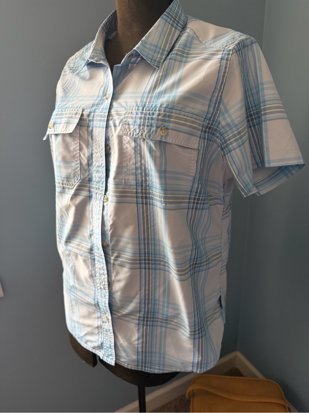 Eddie Bauer Light Blue and White Plaid Short-Sleeve Button-Down Shirt